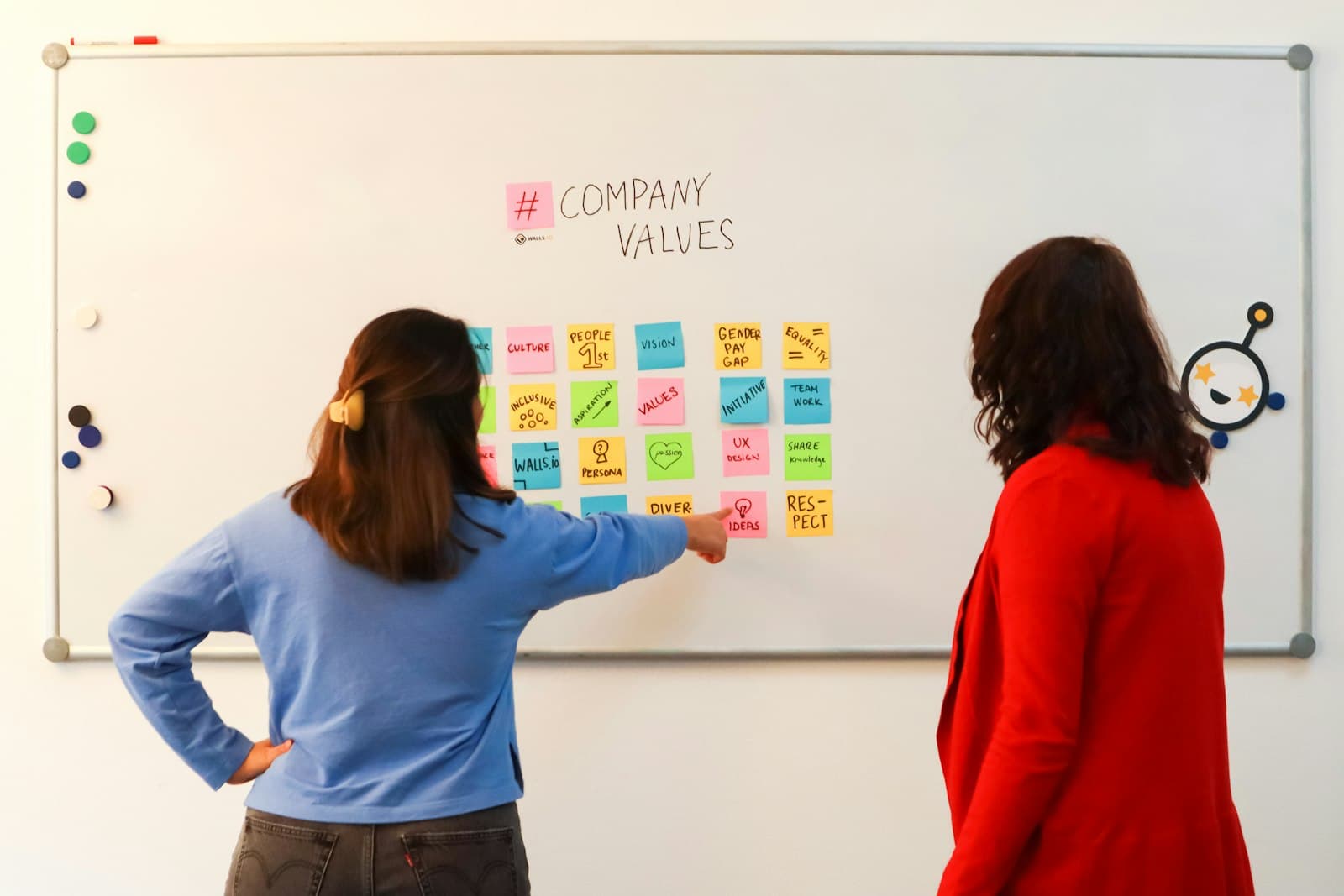 Two colleagues reviewing company values on a whiteboard
